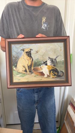 Vintage oil painting 1938 dogs and cats