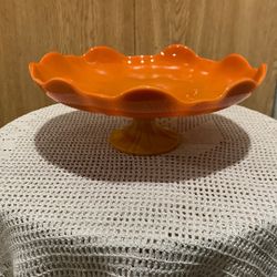 Large MCM LE Smith Bittersweet Orange Slag Glass 10.5” Compote Pedestal Centerpiece