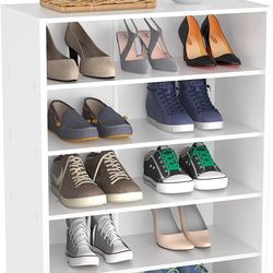 White Shoe Rack, 5-Tier Stackable Wooden Shoe Shelf Organizer Free Standing Shoe Storage Stand with Adjustable Shelf for 10-15 Pairs, Ideal for Entryw