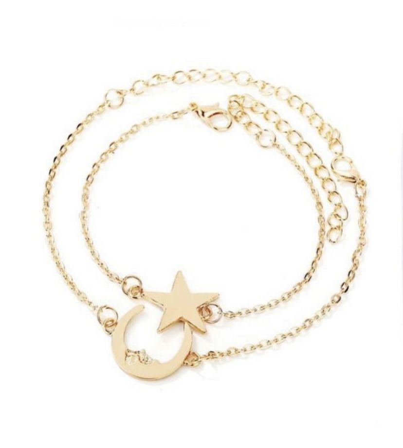 Star & Moon Design Chain Bracelet Set 2pcs
