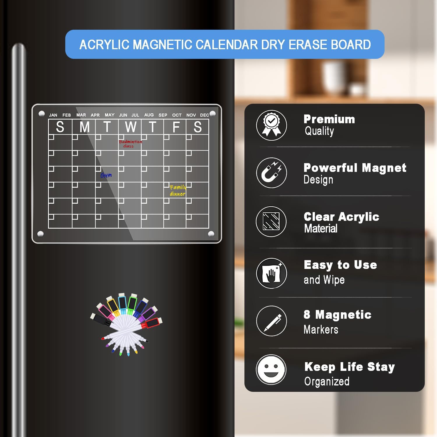 Acrylic Magnetic Dry Erase Board Calendar for Fridge, Monthly Calendar Planning Boards Reusable Planner Whiteboard for Refrigerator with 8 Magnetic M