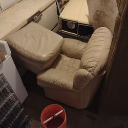 Overstuffed Beige Leather Chair And Ottoman 