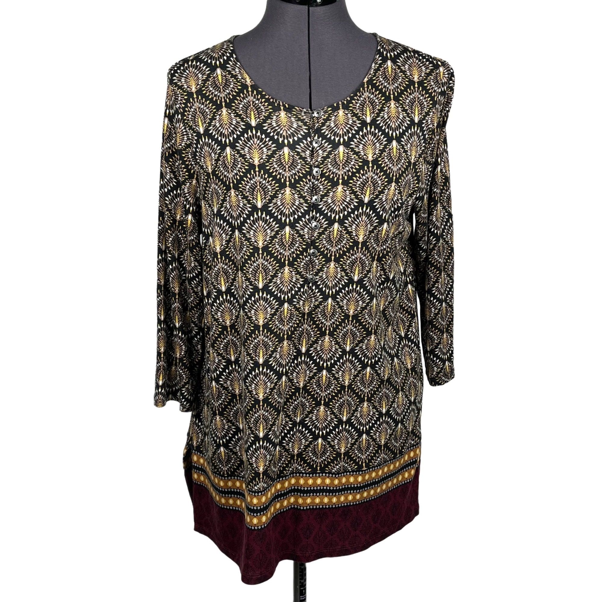 J. Jill Women's Black/Brown Print Top Tunic 3/4-Sleeve Scoop-Neck Size S