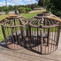 Set of 2 Rustic Metal Candle Lanterns with Wooden Bead Accents -damaged as is