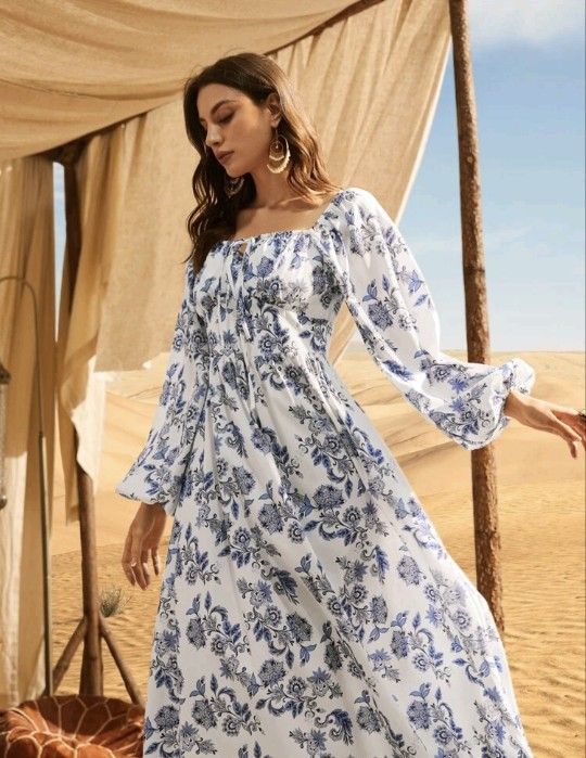 SHEIN Mulvari Floral Tie Neck Bishop Sleeve Dress
