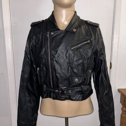 Vintage Guess Women’s Black Leather Jacket Motorcycle Style With Belt Sz L/G