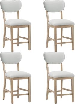 Solid Wood Counter Height Bar Stools Set of 4 for Kitchen Island, 3.5" Thick Beige Upholstered Farmhouse Barstools with High Backrest and Nailhead Tri