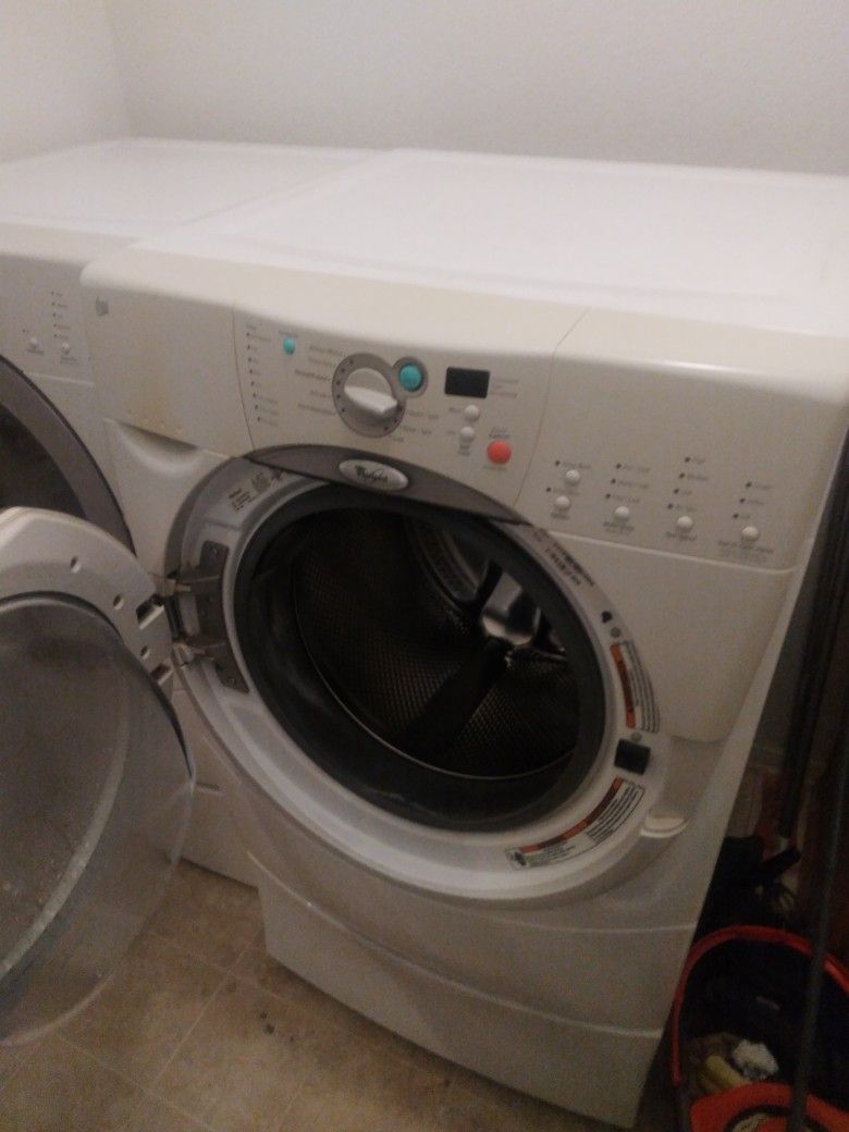 Whirlpool Duet Washer And Dryer Set On Pedestals W/ Shoe Rack for Sale