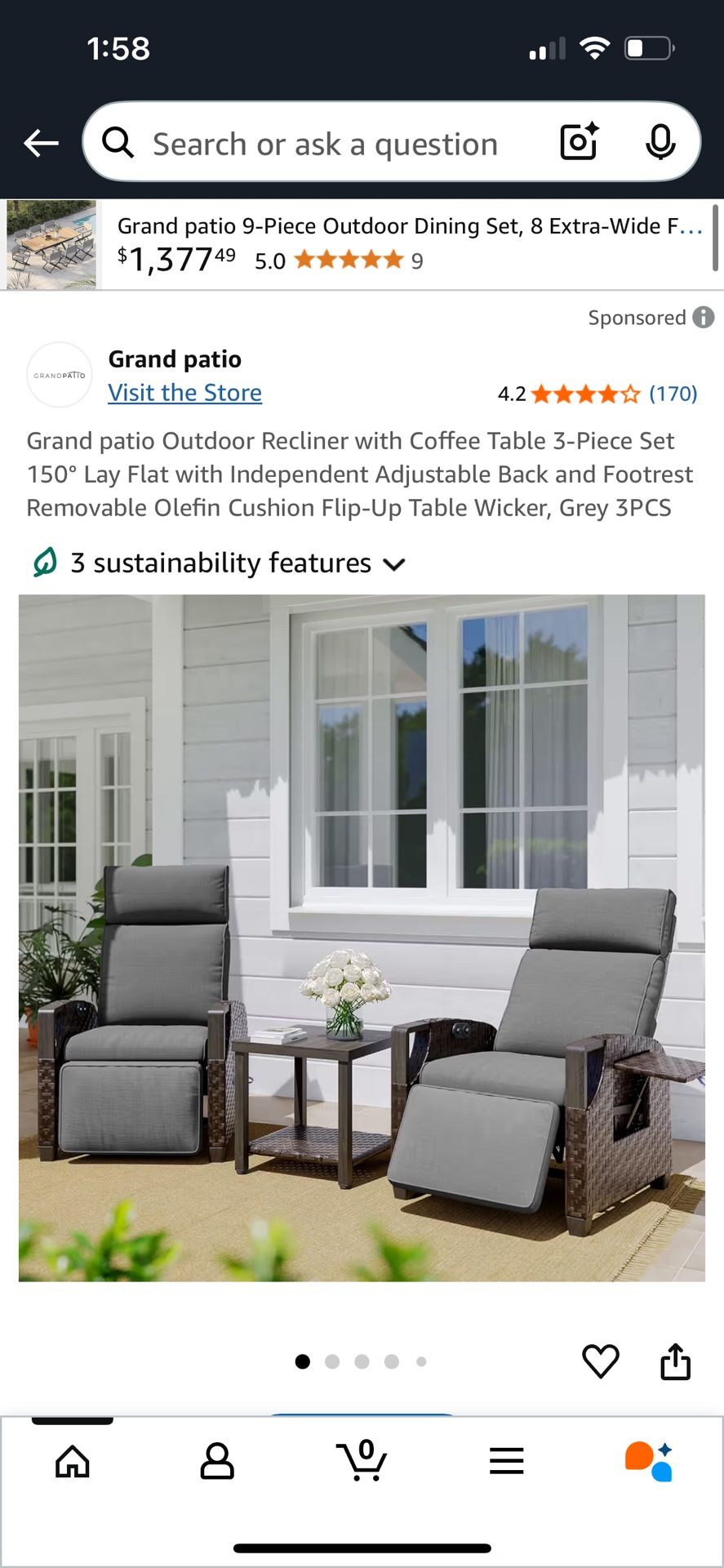 Grand patio Outdoor Recliner with Coffee Table 3-Piece Set 150° Lay Flat with Independent Adjustable Back and Footrest Removable Olefin Cushion Flip-U