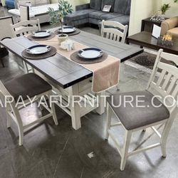 Rustic Counter Height Dining Table Set with 6 Chairs – Gray & White Wood Finish – Farmhouse Style with Built-In Storage and drawer Kitchen Dining set