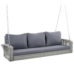 New Assembled 3-Person PE Rattan Porch Swing with Cushions & Chains 69" Outdoor Patio Hanging Swing