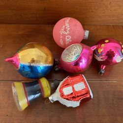 Set of 6 Vintage Christmas Ornaments Poland, USA, Mica, Indent