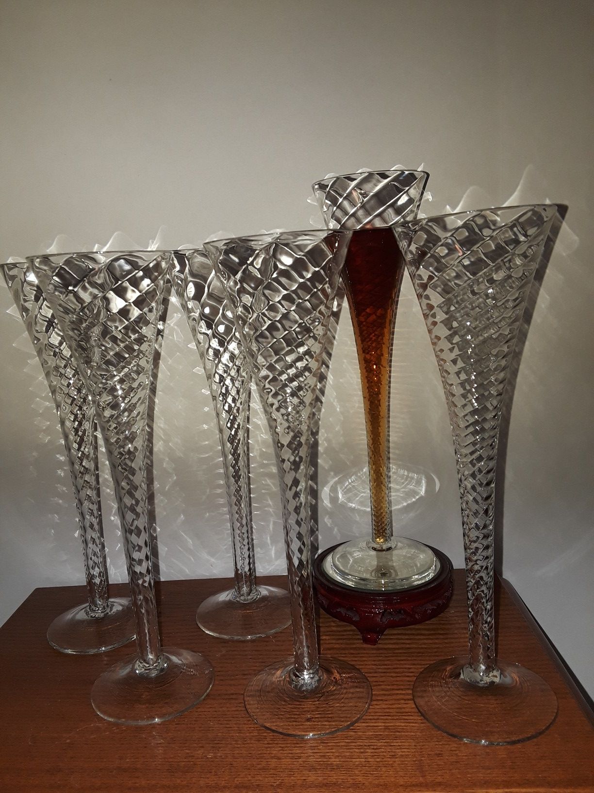 Antique Six Hand Blown Spiral Crystal Champagne Flutes