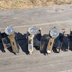 Set of 5 Antique Glass Doorknob Sets w/ Brass Backplates & Mortise Locks Vintage