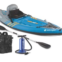Sevylor QuickPak K1 1-Person Inflatable Kayak, Kayak Folds into Backpack with 5-Minute Setup, 21-Gauge PVC Construction; Hand Pump & Paddle Included