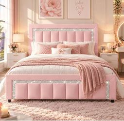 Full Bed Frames, Velvet Upholstered Full Size Bed Frame with Diamond Design Headboard and Footboard, Wooden Slats, No Box Spring Needed, Easy Assembly