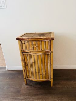 Vintage Bamboo Cabinet With Top Drawer A Lower Cabinet Door And Woven Wicker Top
