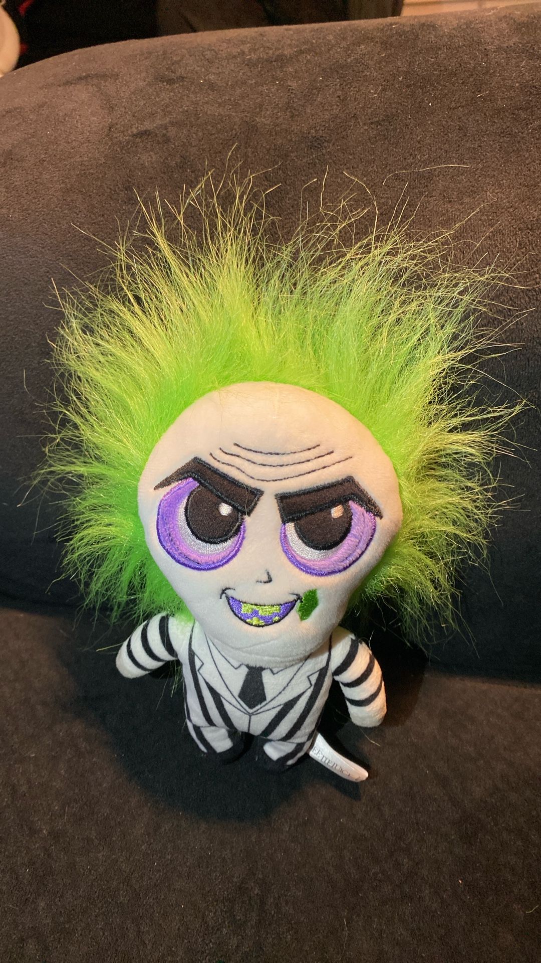Beetlejuice plush excellent condition  iconic character signature black and white striped suit, black boots, and wild green hair. The doll has a detai