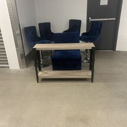 4 Blue Velvet Bar Stools With Silver Studs, Matching Convertible Ottoman With Chair 
