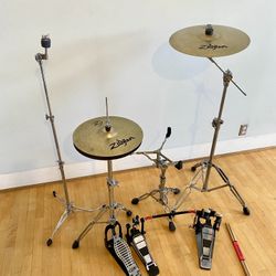Complete drum set hardware Zildjian cymbals PDP 2 leg hihat & boom stand DW low profile lite weight stand double pedal Pearl snare stand $275 cash in 