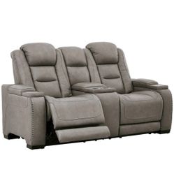 The Man-Den Gray Power Reclining Loveseat with Console

