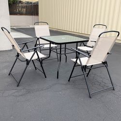 (New) $100 Patio 5 Piece Dining Set (32x32” Table and 4pc Folding Chairs) 