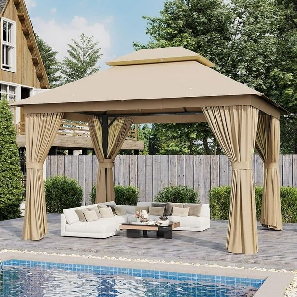Outdoor Gazebo for Patio 10x12, Metal Frame Canopy with Double Roofs, Heavy Duty Party Tent and Shelter with Mosquito Netting and Privacy Screen for B