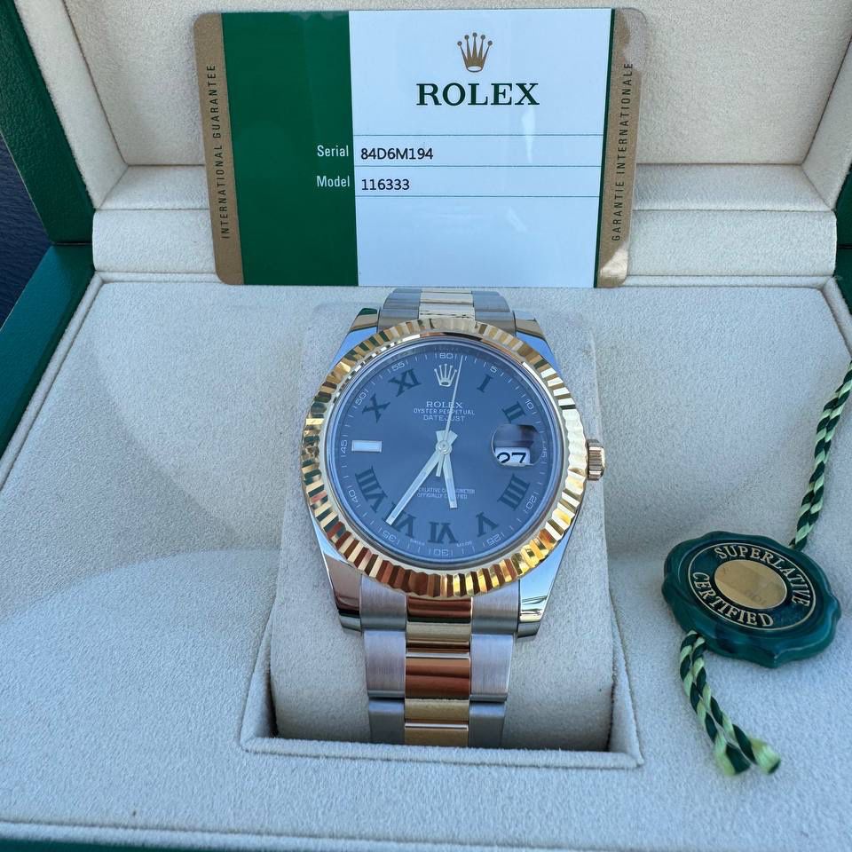 Rolex Datejust II 41mm 116333 18K Fluted bezel yellow gold and stainless steel Two Tone Wimbledon Dial Box Papers Card oyster bracelet 2015