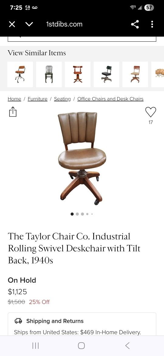 Taylor 1940's Leather Wood And Metal Antique Rolling Desk Chair