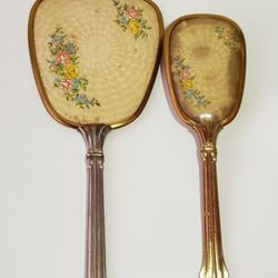 Vintage Vanity Dresser Set 2 Piece Gold Tone Brush & Mirror Victorian Style. Antique, Collectible.