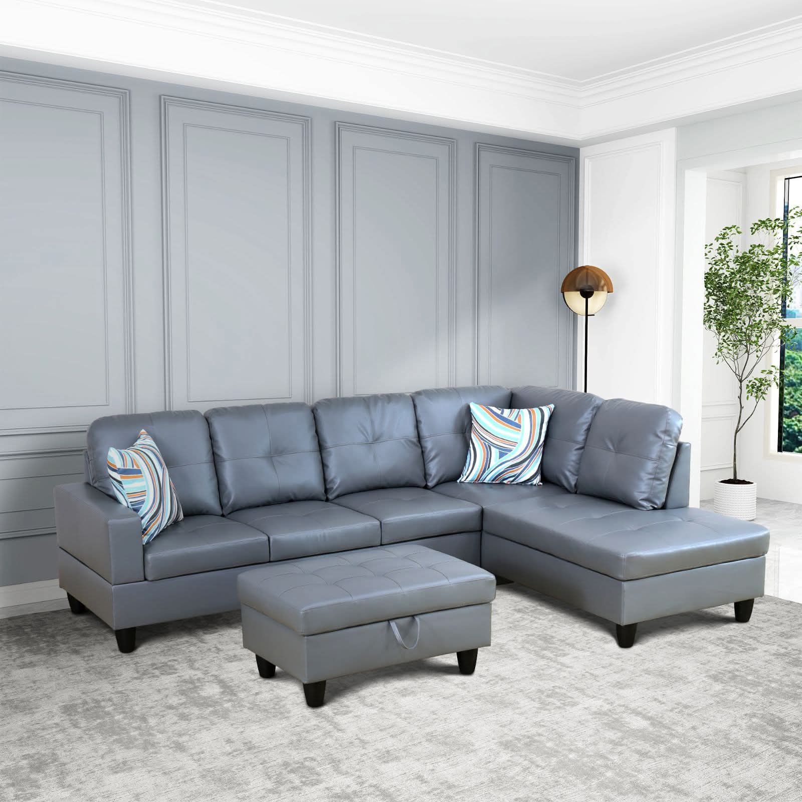 3-Piece Dark Grey Sectional Sofa Set – Semi PU Synthetic Leather