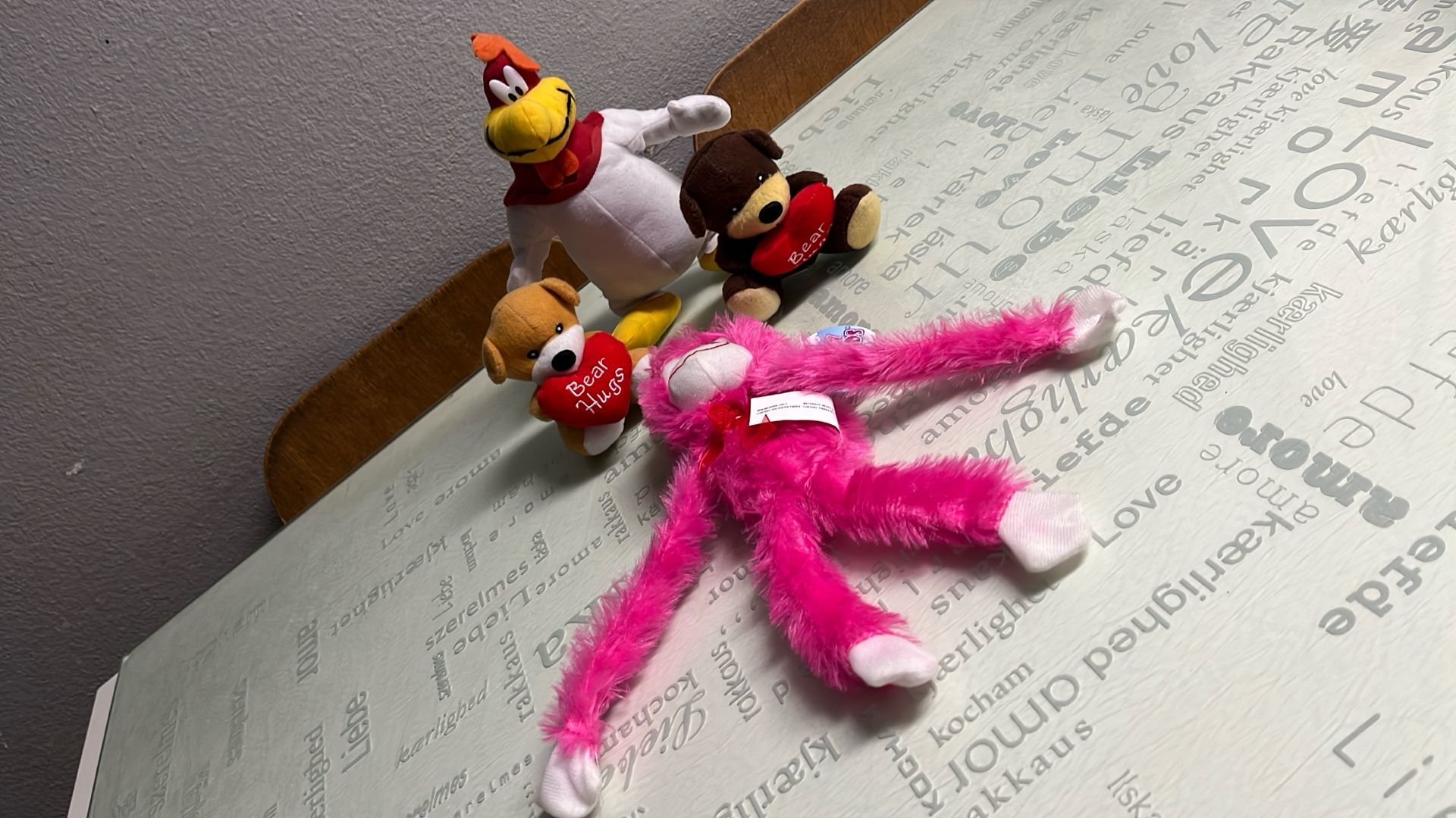 Pink Monkey With Tag, Rooster, 2 Little Bears With Hearts