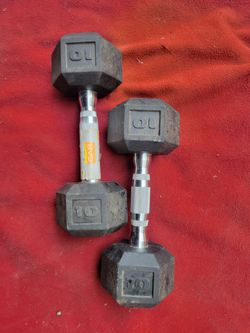 SETS OF 10LB  RUBBER COATED HEXHEAD DUMBBELLS TOTAL 20LBs
11525 S HALSTED/7111.S WESTERN 
20$  CASH ONLY AS IS