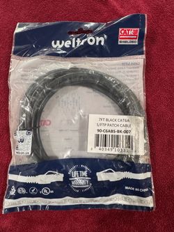 7-foot black Cat6A S/FTP patch cable made by Weltron (model 90-C6ABS-BK-007). Fe1)