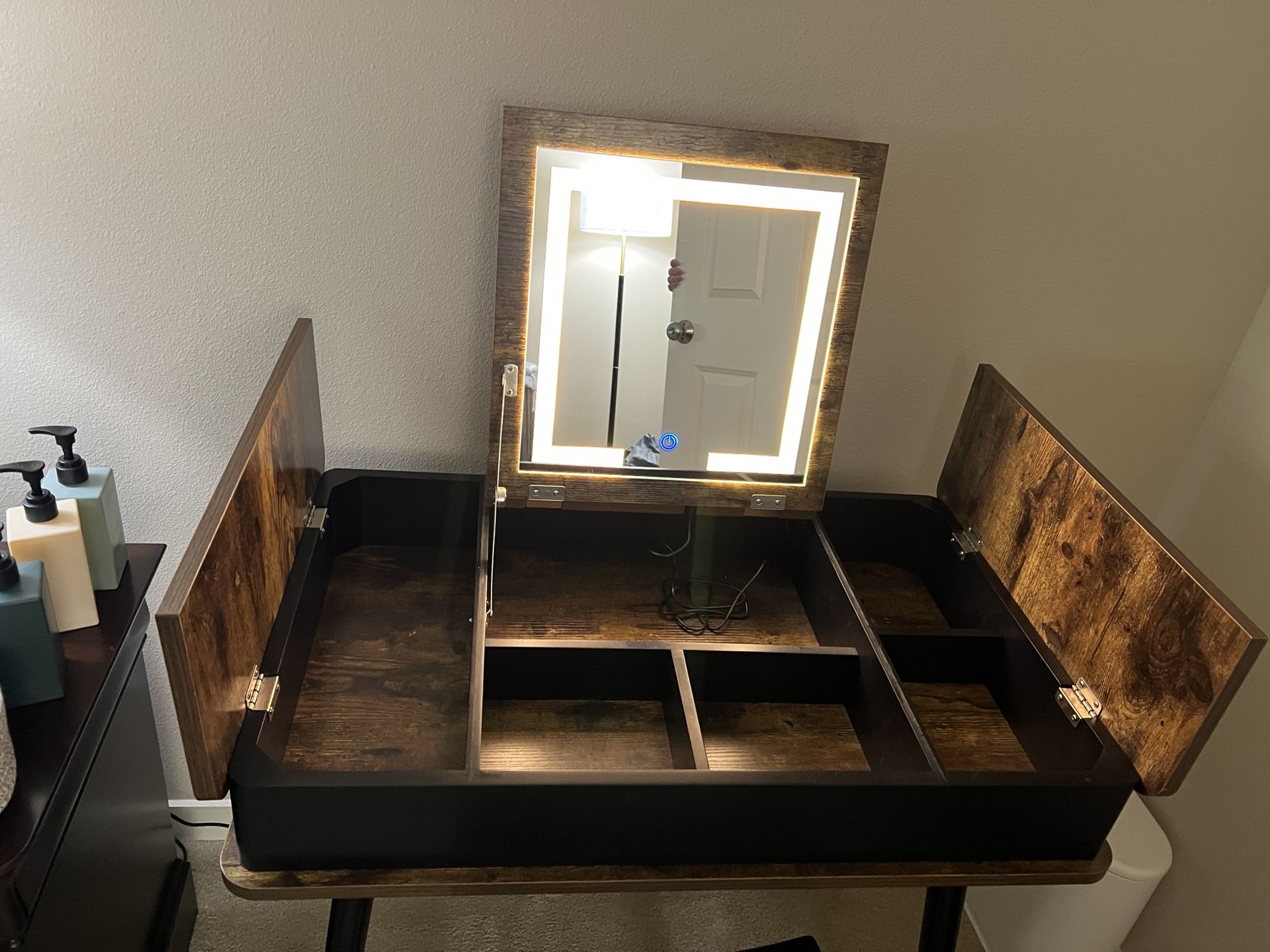 Flip Top Vanity Style Desk Led Mirror W/6 Compartments
