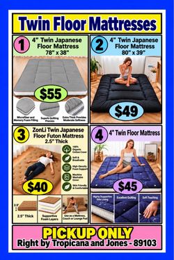 TWIN FLOOR MATTRESSES- VARIOUS THICKNESS and STYLE FLOOR/FUTON MATTRESS Various thickness and type Futon Mattress, Japanese Floor Mattress, Bed Matt