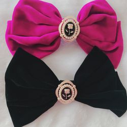 2 Pack Velvet Black & Red Hair Bows with Rose Accents - 6.5" Long W/ Rose Accent