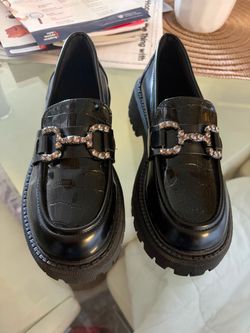 NEW Black Platform Loafers with Rhinestone Buckle