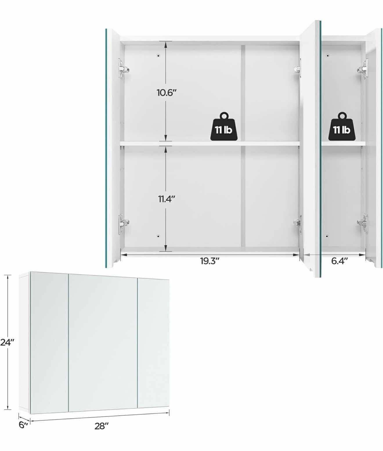 Mirror Cabinet with 3 Doors, Wall Mounted Medicine Cabinet with Adjustable Shelf,  White K-24