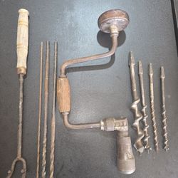 Vintage Hand Crank Drill Bit Set Woodworking Tool Antique Complete
