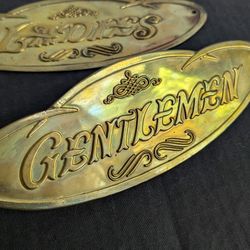 Vintage Brass Embossed "Ladies" & "Gentlemen" Restroom Toilet Door Plaques Signs