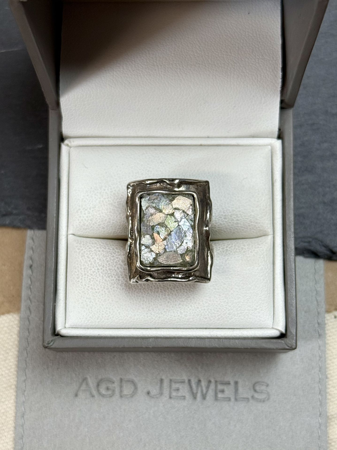 Sterling Silver 925 Roman Glass Rectangular Ring
