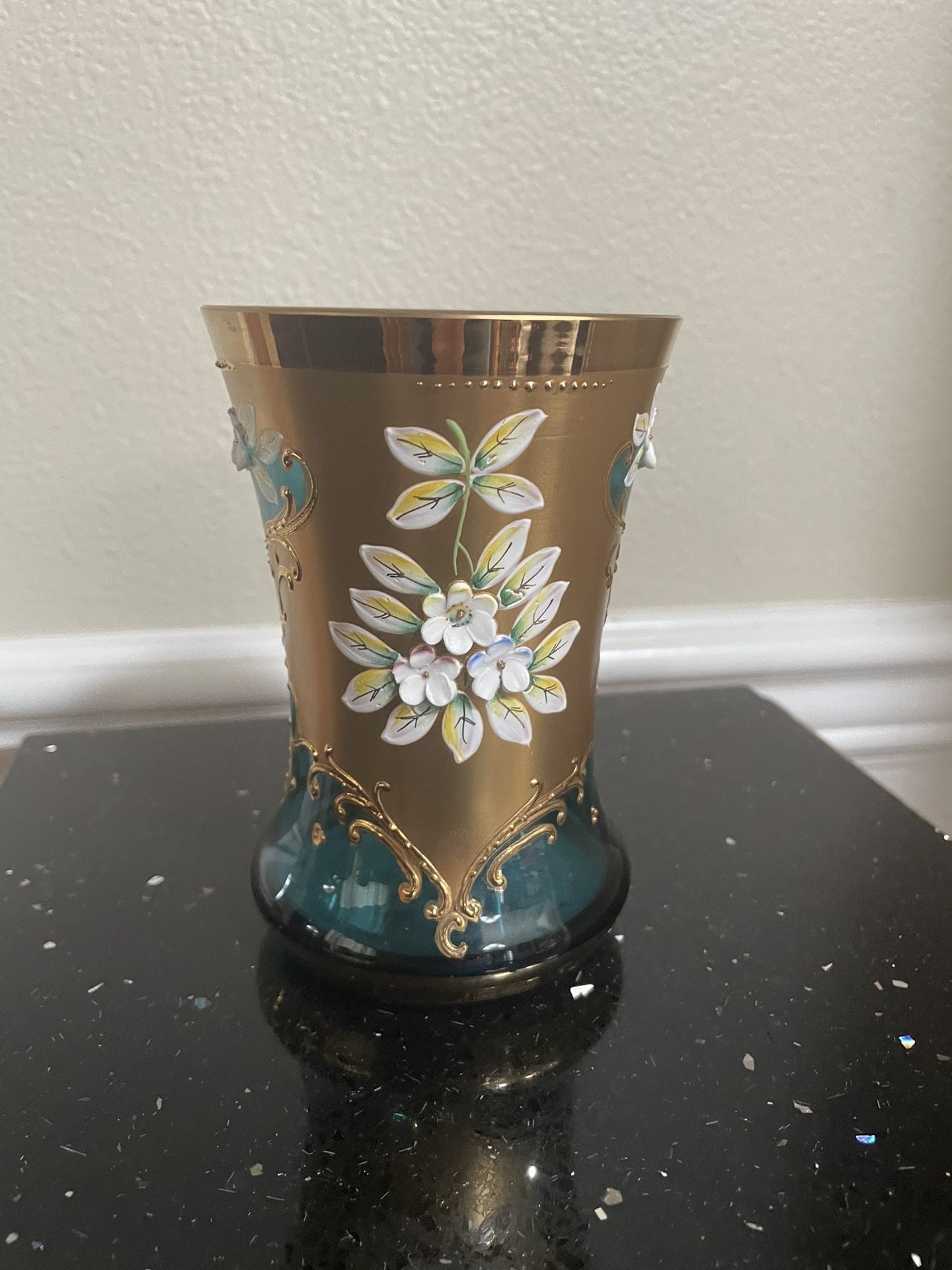 Vintage Blue & Gold Bohemian Czech Glass Vase 5”