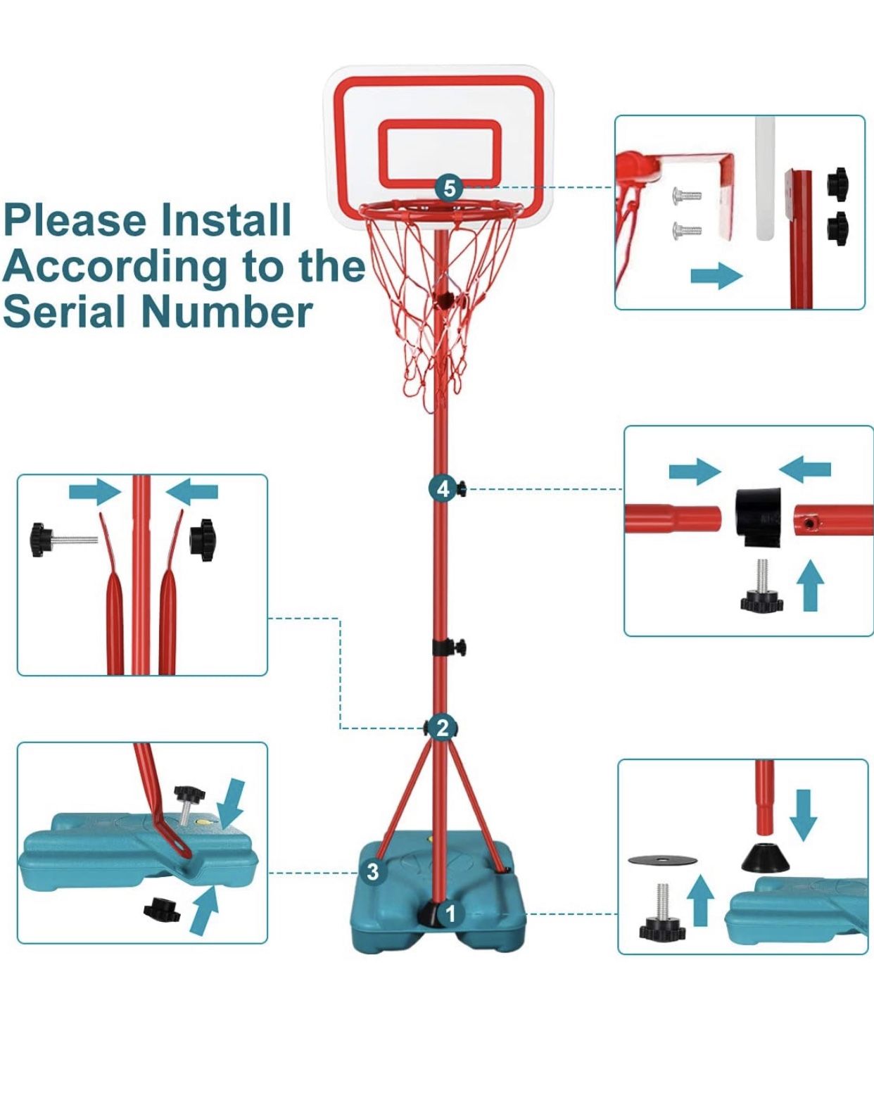 Kids Basketball Hoop Stand Adjustable Height 2.9 ft -6.2 ft Indoor Basketball Hoop