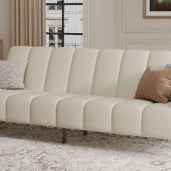 Fadware Faux Leather Couch, Convertible Futon Sofa Bed with Adjustable Backrest, Mid Century Leather Sofa Loveseat with Side Pockets& Metal Leg, Moder