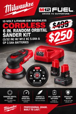 Milwaukee M12 FUEL 6 Random Orbital Sander Kit (2 Batteries 5.0Ah & 2.5 Ah)