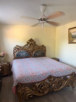 Vintage Pakistani Hand-Carved King Bed Set + 2 Nightstands – Ornate Royal Style