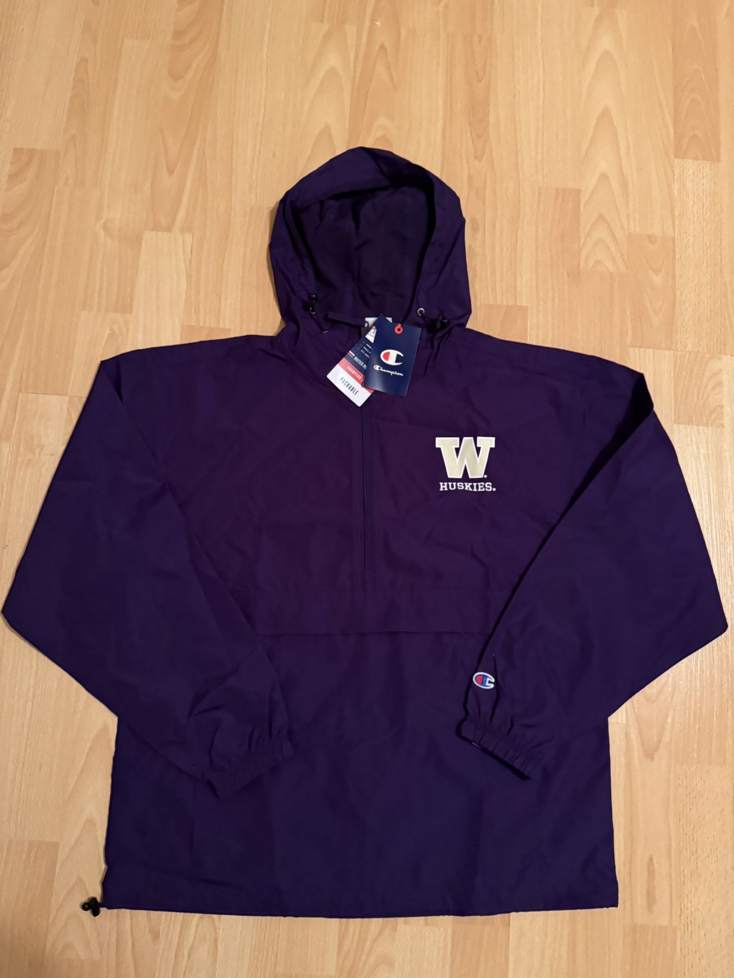 Brand New Champion University Of Washington Huskies Packable Windbreaker Jacket Men’s Size Medium