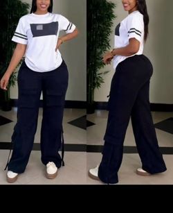 Chic Black and White 2-Piece Cargo Pants and T-Shirt Set