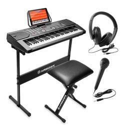 Hamzer 61 Key Keyboard Piano with Built-In Speakers, Stand, Bench, Headphones, Microphone & Key Labels - Electronic Musical Keyboard Set for Beginners